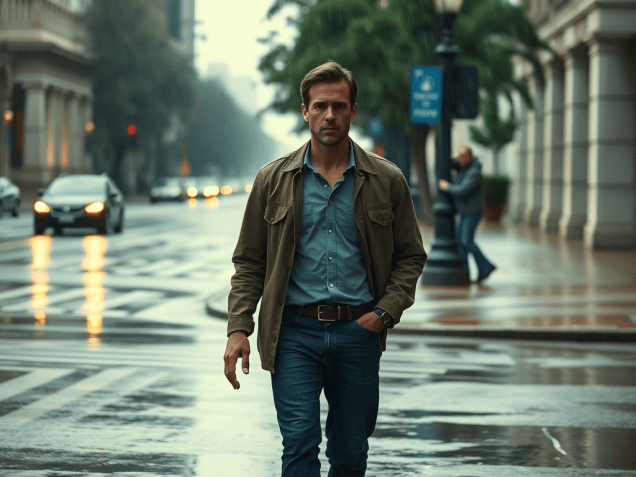 Mark walks down street